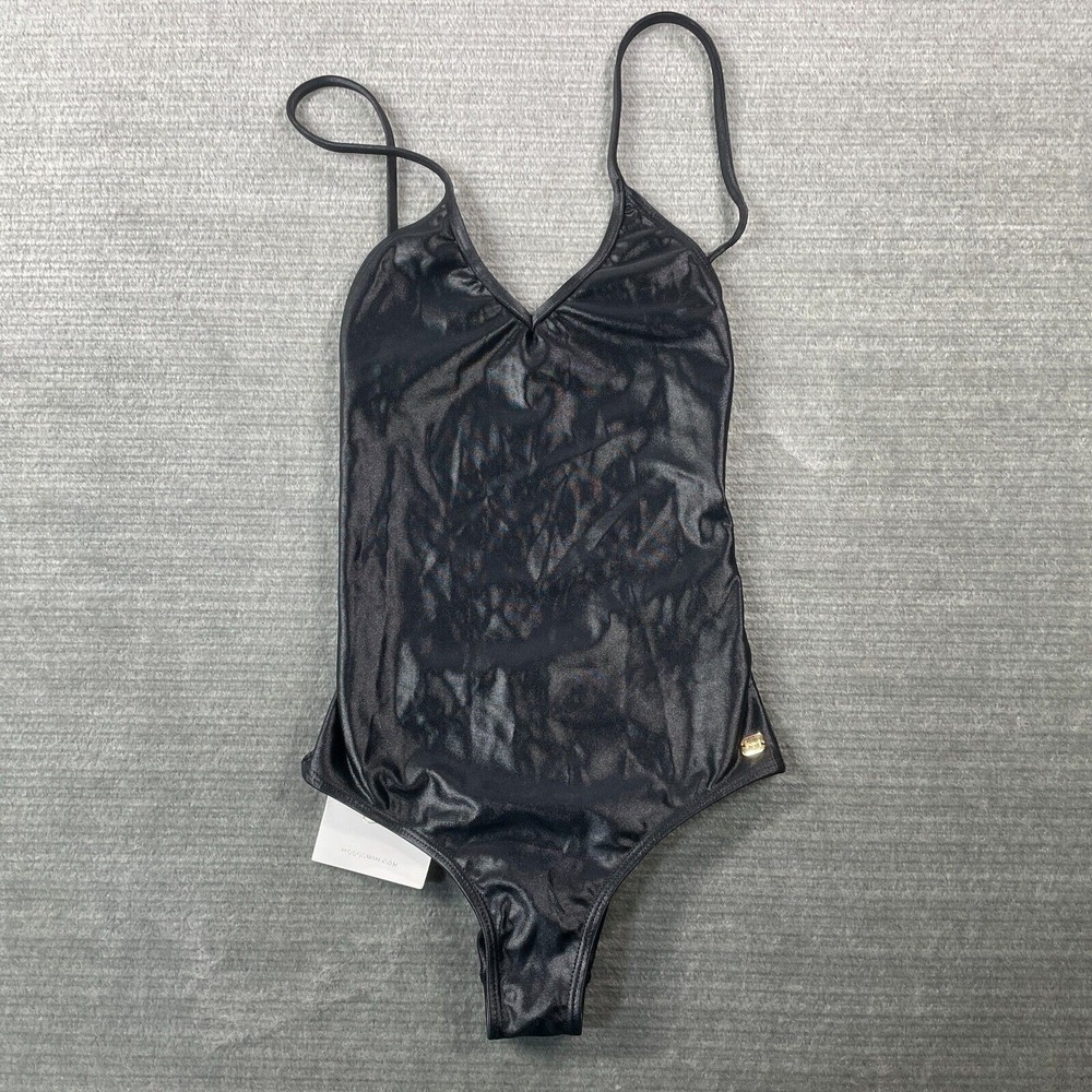 Mobo One Piece Swimwear Women XS Liquid Black V Neck Adjustable Resort Brazilian